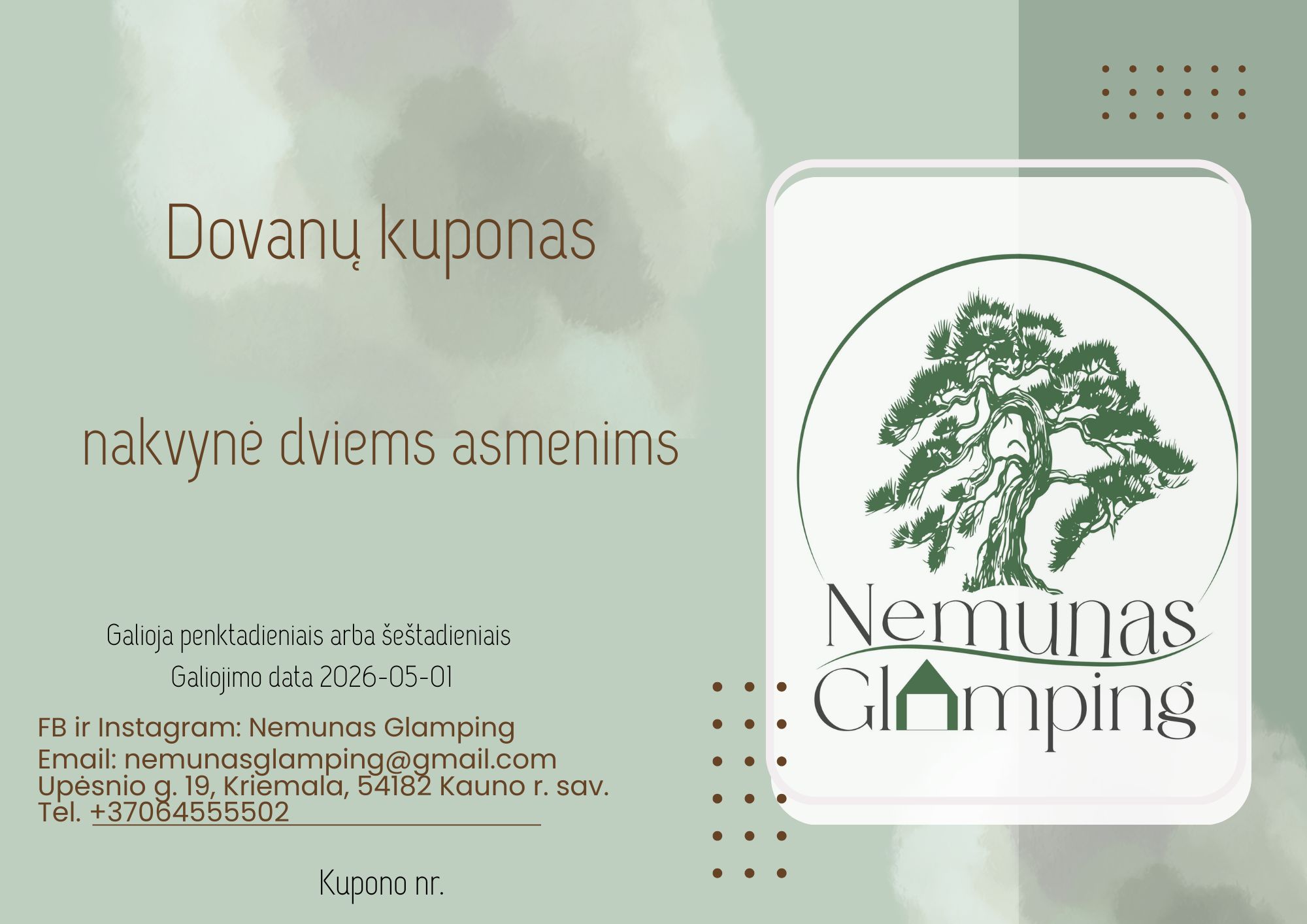 Dovanų kuponas ( 1 nakvynė namelyje dviems asmenims galioja visomis savaitės dienomis ) GALIOJA IKI 2026-05-01